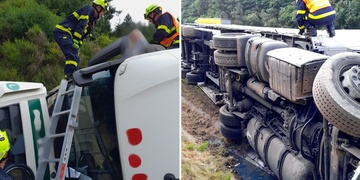 Převrácený kamion na dálnici D5