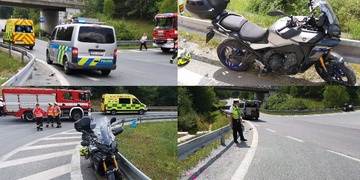 Motorkář přeletěl svodidla a jeho motorka pokračovala dál v jízdě
