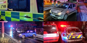 Při zásahu u dopravní nehody na zledovatělé silnici postupně bouraly i vozy záchranných složek