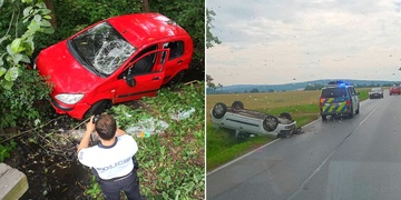 Jeden řidič skončil v potoce, druhý zase na střeše v příkopu