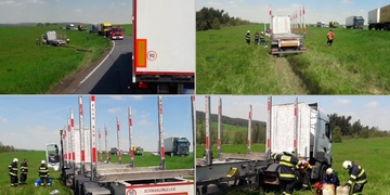 Kamion skončil v poli a uniklo z něj několik set litrů nafty
