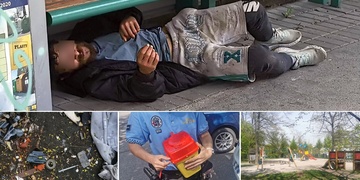 Stříkačky poházené na dětském hřišti a uspokojující se zfetovaný muž opodál