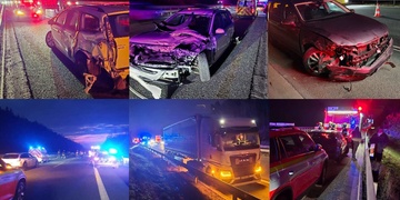Střet kamionu se dvěma osobními vozy na dálnici D5