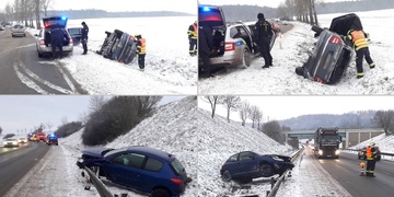 Jedno auto na svodidlech, druhé na boku v příkopu