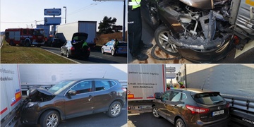 Převrácené auto, střet vozu s motorkou i auto skřípnuté dvěma kamiony