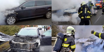 Požár auta na dálnici D5 před sjezdem na Ejpovice