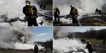 Požár skládky pneumatik, jeden popálený