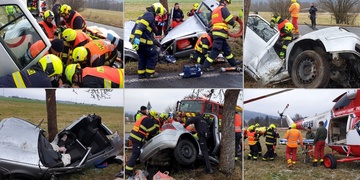 Vážná nehoda, auto vyletělo z vozovky a doslova se zlomilo o strom