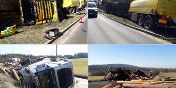 Převrácená cisterna s naftou i kamion se dřevem