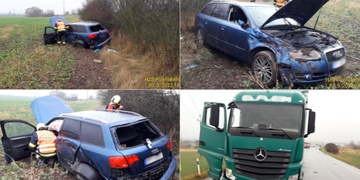 Po střetu s kamionem skončilo auto v poli