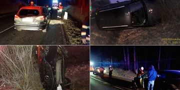 Střet vozů i převrácené auto