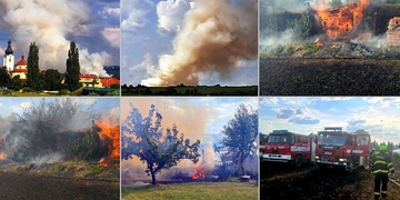 Požár pole, chat a altánu, ale i dítě nebo kůzle uvízlé na stromě