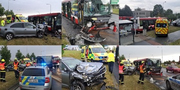 Čelní střet autobusu s autem, na místě je několik zraněných
