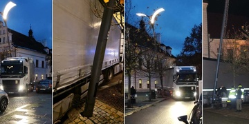 Večerní jízda kamionu - vyvrácená lampa, proražená závora a na několik hodin uzavřené náměstí