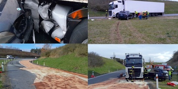 Řidič s vozem najel do boku kamionu