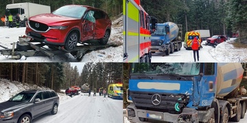 Střet domíchávače betonu s vozidlem táhnoucím vlek s přepravovaným autem