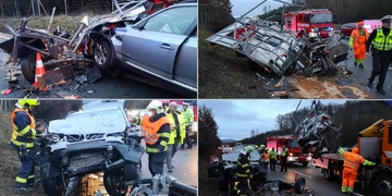 Řidič na dálnici smetl vozidlo silničářů