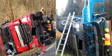 Dva převrácené nákladní vozy během dopoledne